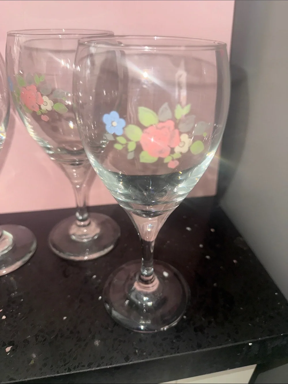 Floral Pink and Blue Wine Glasses - Set of 4